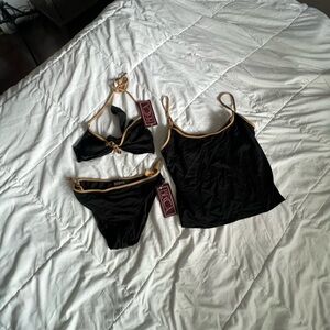 Becca swim black and nude bow tie three piece bikini set XS / S NWT